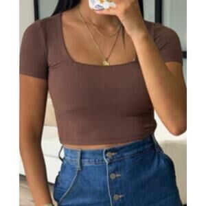$36 New Talulah Square neck Ribbed Crop Tee - Brown - Large